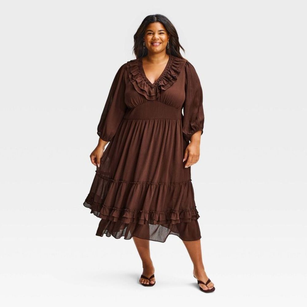 Women's Plus Long Sleeve Ruffle Midi Dress - Ava & Viv Brown 1X